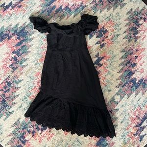 Lulus black off the shoulder dotted Swiss asymmetric dress.